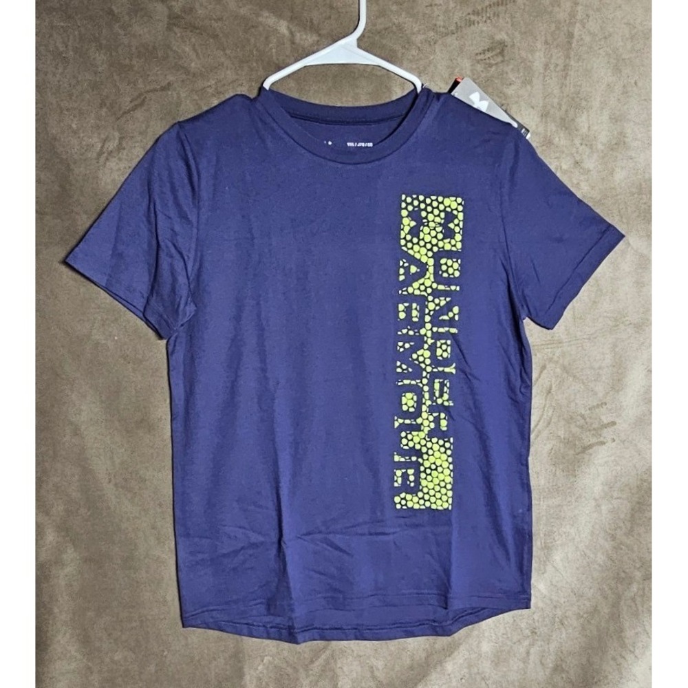 Under Armour Boys HeatGear T-Shirt Purple Neon Yellow Graphic YXL 1351852-497